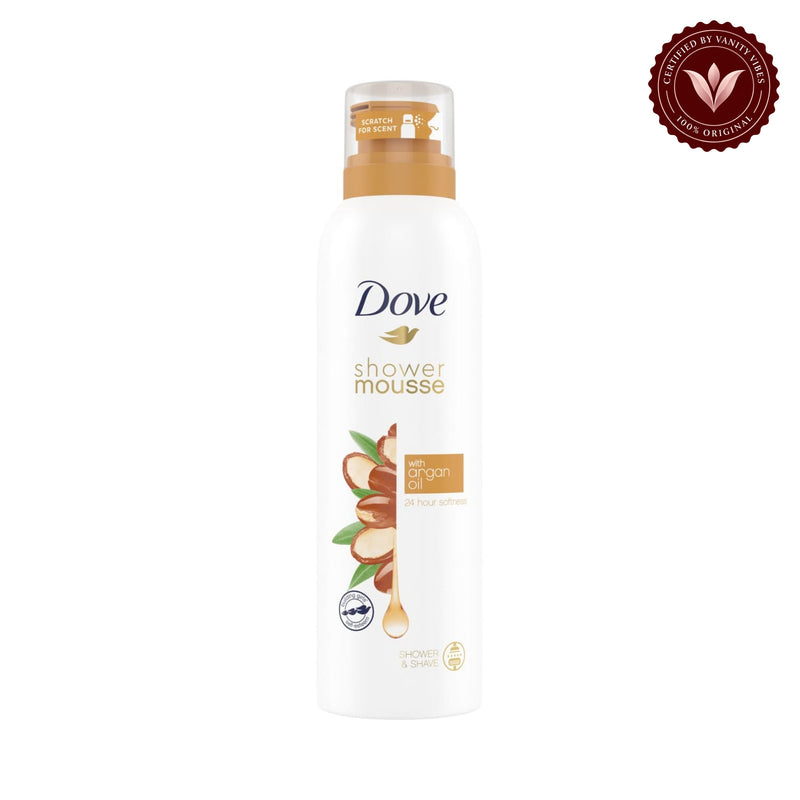 Dove shower mousse with Argan oil 24 hours softness-200ml — front view, white background