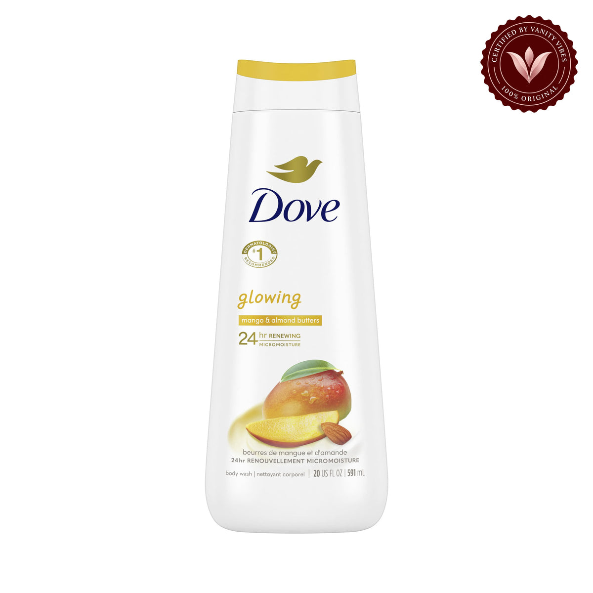 Dove Glowing Body Wash With Mango Butter 20 fl oz-591ml — front view, white background