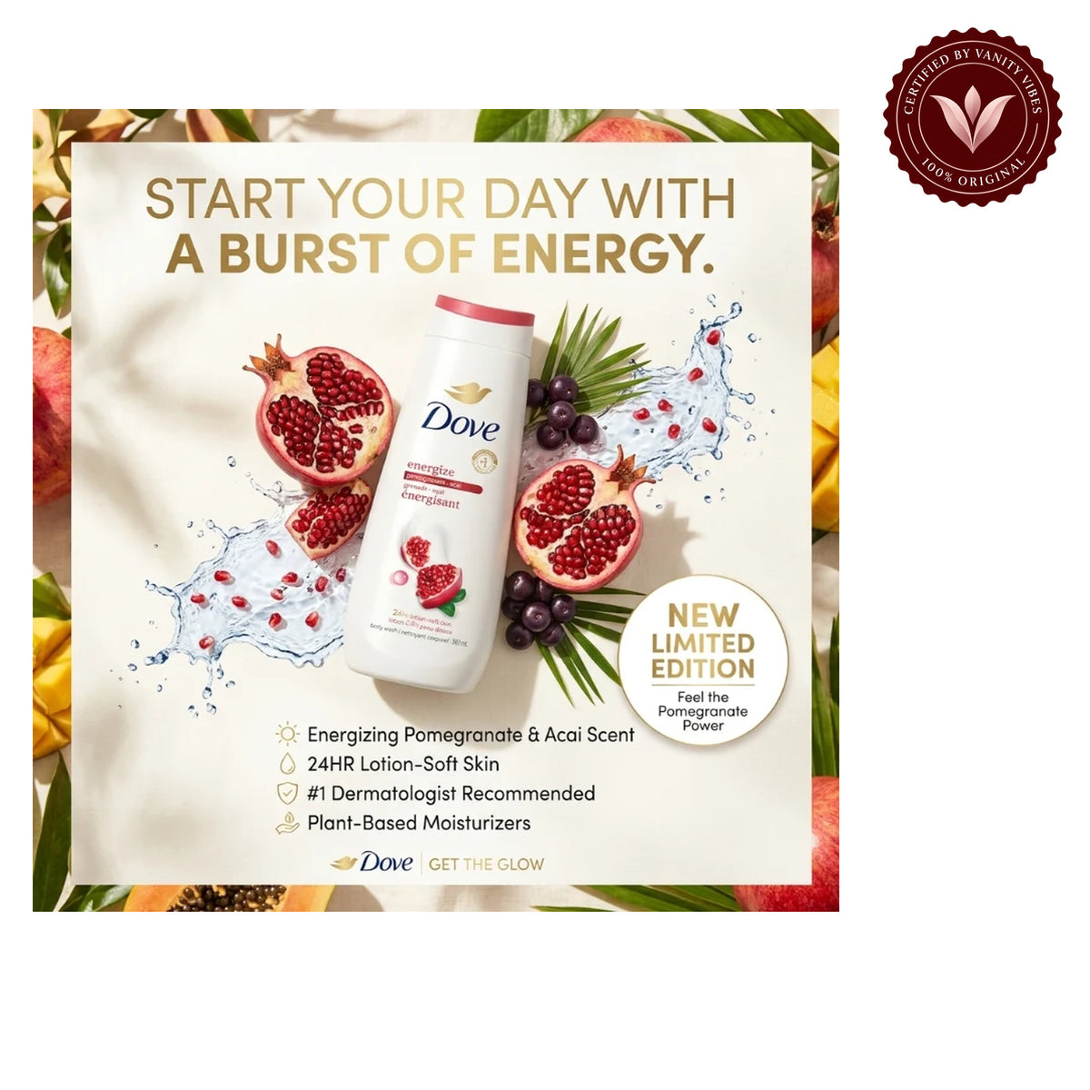 Dove Enrgize Pomegranate + Acai Body Wash 20 fl oz-591ml — alternate view, white background