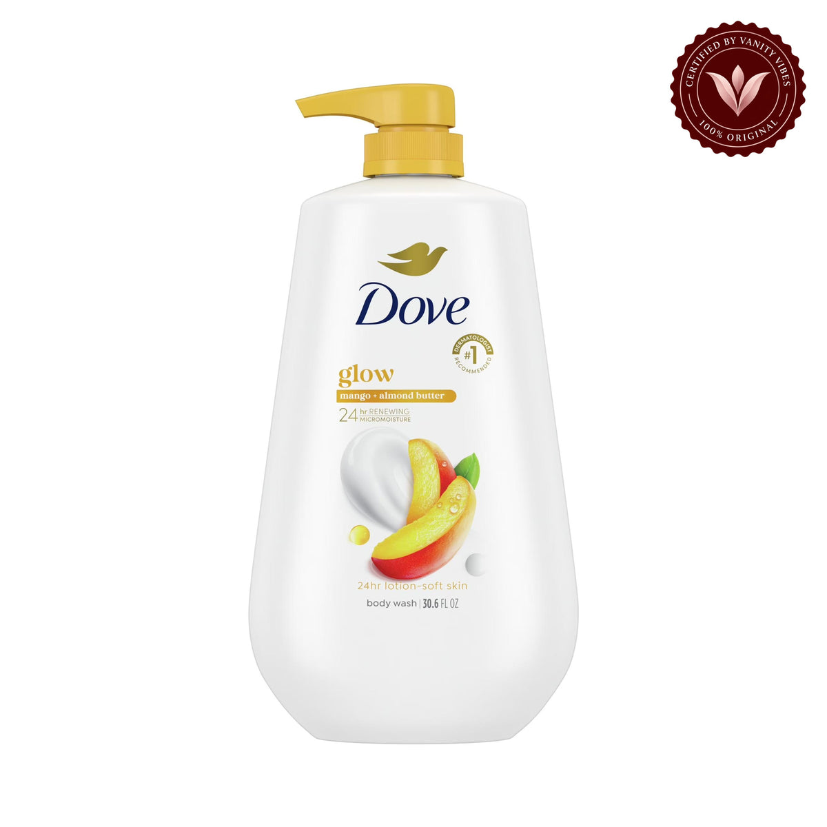 Dove Beauty Glow Body Wash Pump - Mango & Almond Butter 24hr Lotion-Soft Skin - 30.6 fl oz 904ml — front product image