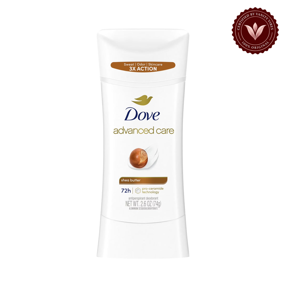 Dove Advanced Care Shea Butter Antiperspirant Stick Deodorants 2.6Oz-(74g) — front view, white background