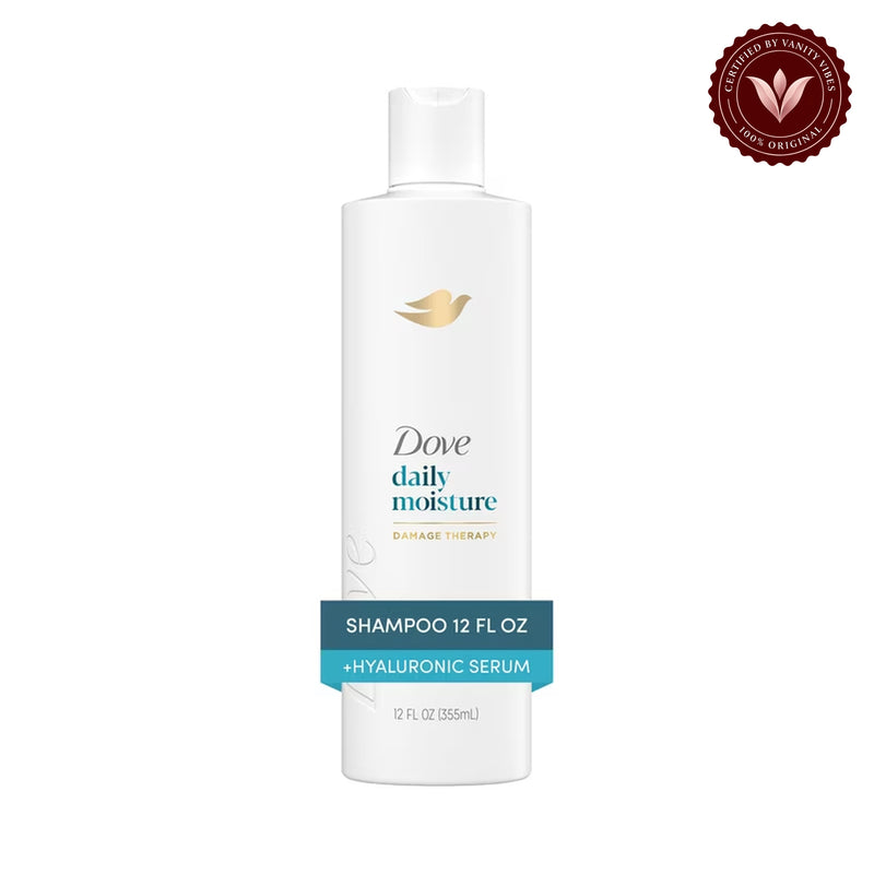 Dove Damage Therapy Daily Moisture Shampoo for Dry Hair with Bio-Protein Care Technology & Hyaluronic Serum 355ml (12 Fl Oz) (USA) — front view, white background