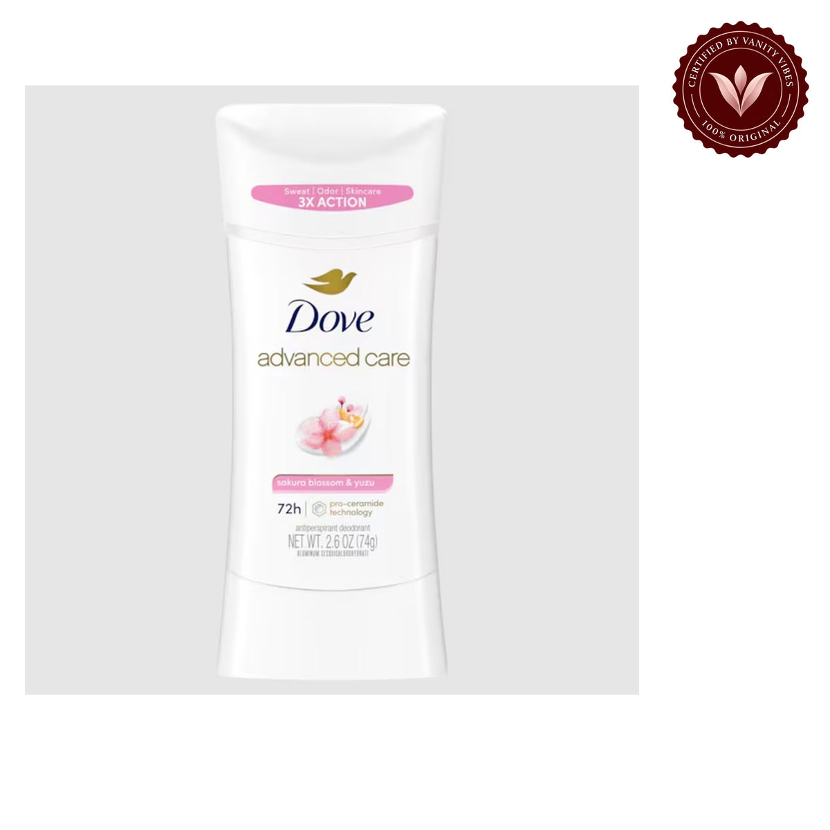 Dove Advanced Care Sakura Blossom & Yuzu Antiperspirant Stick Deodorant 2.6Oz-(74g) — front view, white background