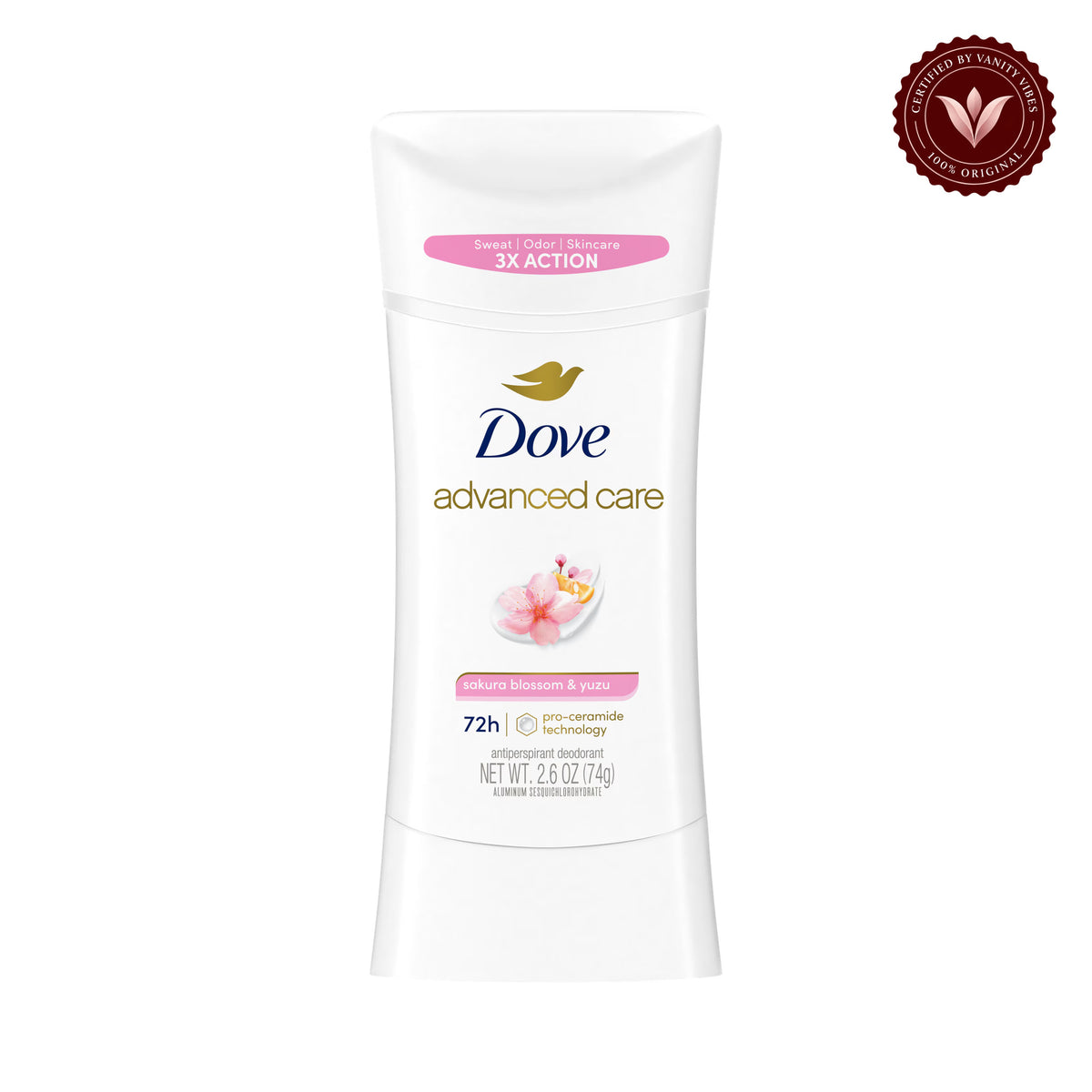 Dove Advanced Care Sakura Blossom & Yuzu Antiperspirant Stick Deodorant 2.6Oz-(74g) — front product view, centered on white background