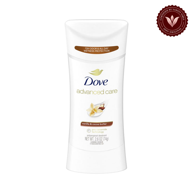 Dove Advanced Care Vanilla & Cocoa Butter Antiperspirant Deodorant Stick 2.6Oz-(74g) — front view, white background