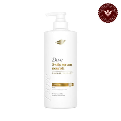 Dove 5-Oil Serum Nourish Damage Therapy Shampoo with Argan, Marula, Almond, Primrose, and Sunflower Seed Oils, Frizz-Free, 380ml — front product image