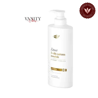 Dove 5-Oil Serum Nourish Damage Therapy Shampoo with Argan, Marula, Almond, Primrose, and Sunflower Seed Oils, Frizz-Free, 380ml — front view, white background