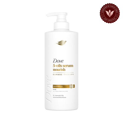 Dove 5-Oil Serum Nourish Damage Therapy Shampoo with Argan, Marula, Almond, Primrose, and Sunflower Seed Oils, Frizz-Free, 380ml — alternate view, white background