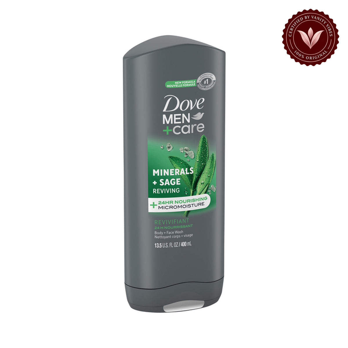 Dove Men+Care Mineral + Sage Reviving Body + Face Wash 400-ml — front view, white background