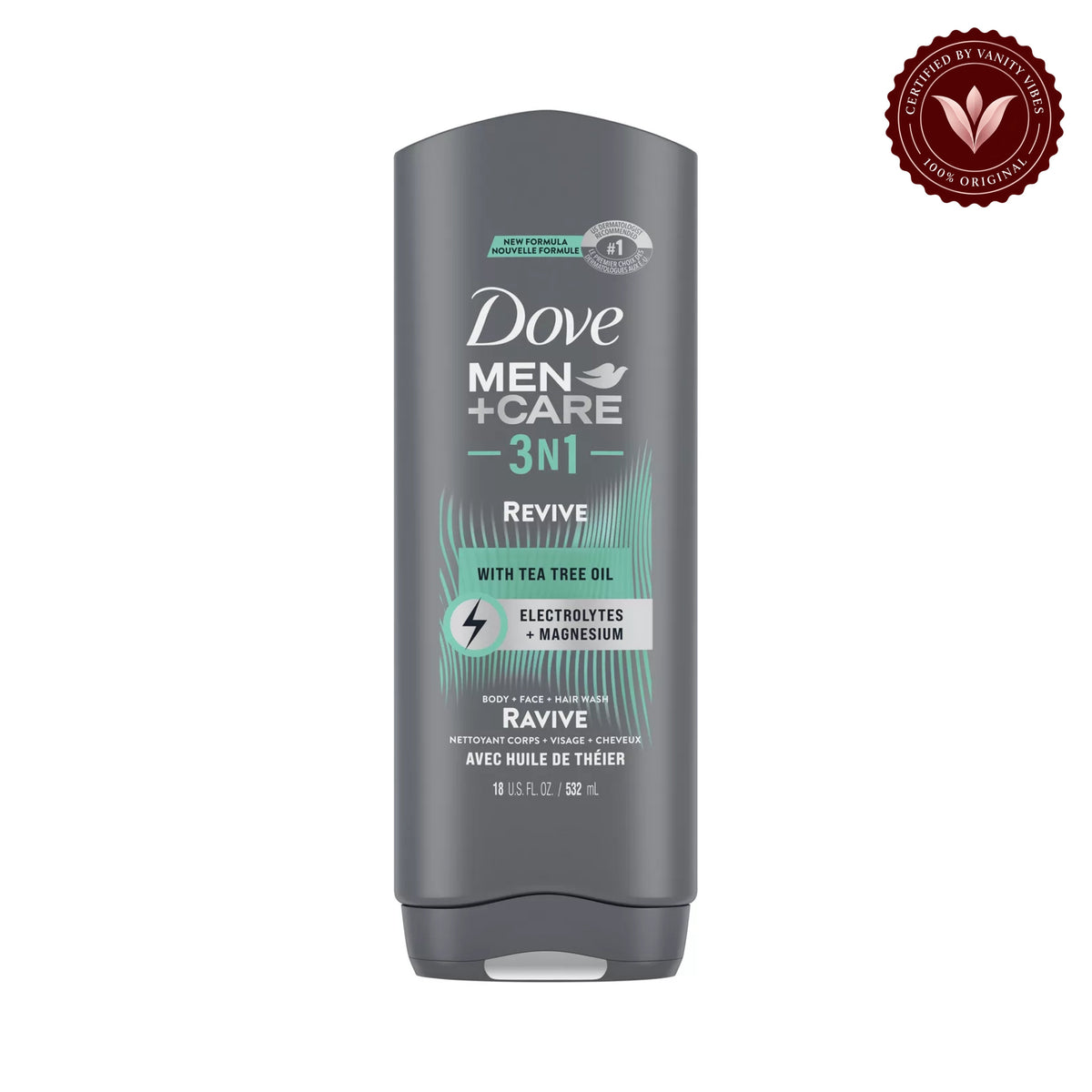 Dove Men+Care Revive Hydrating 3-in-1 Tea Tree Oil Body Wash for Men All Skin-532 ml — front view, white background
