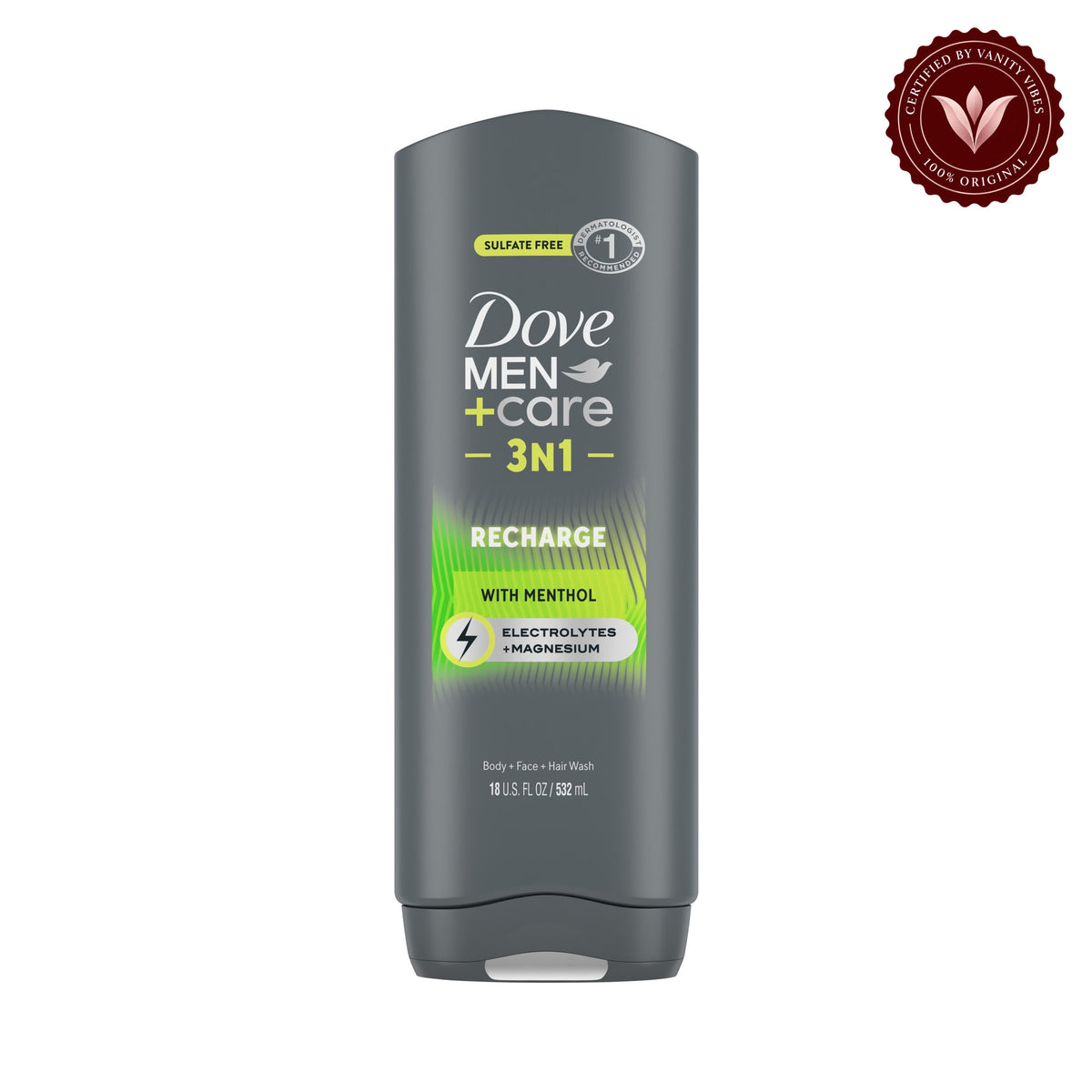 Dove Men+Care Recharge Nourishing 3-in-1 Body Face wash & Hair Wash for Men All Skin 532-ml — front view, white background