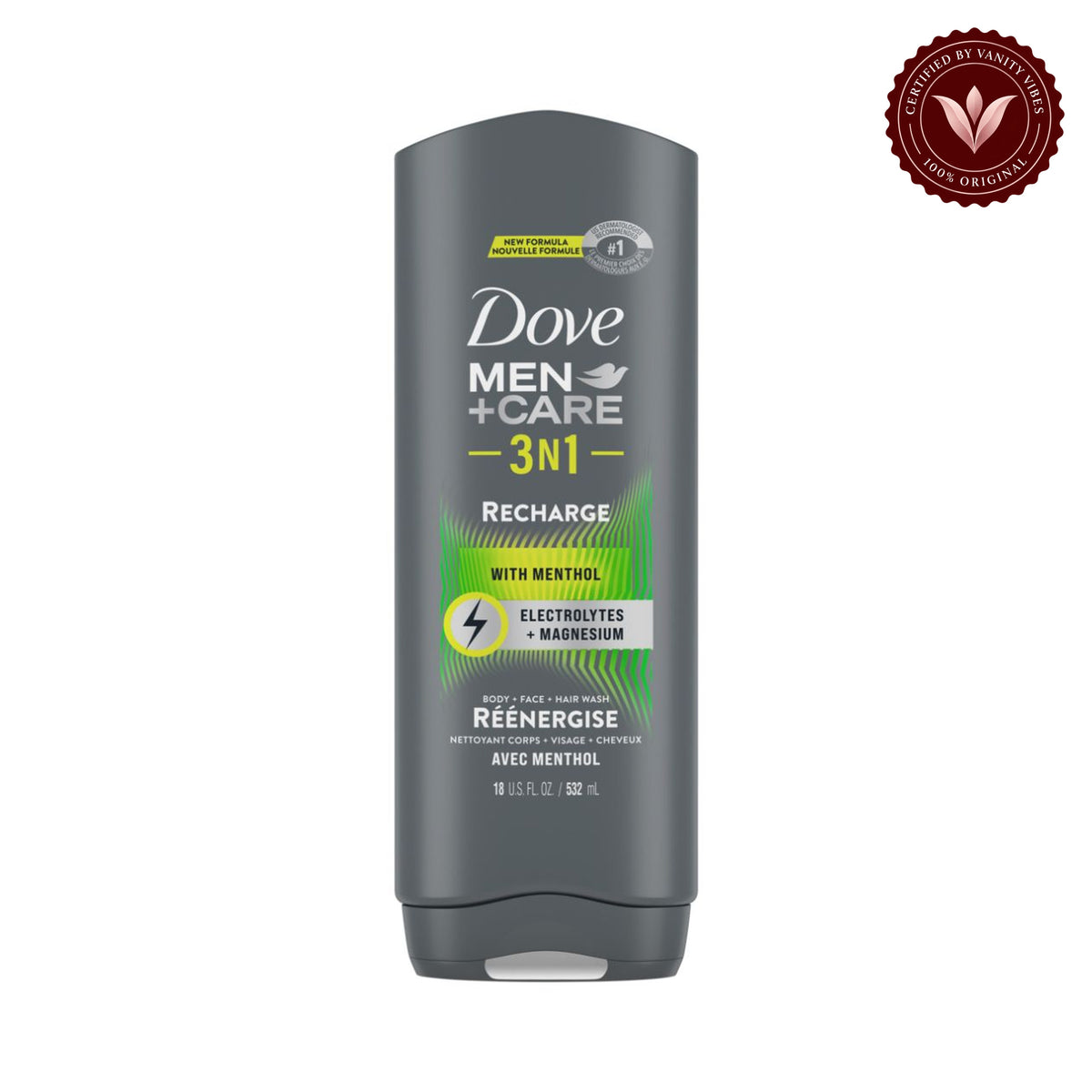 Dove Men+Care Recharge Nourishing 3-in-1 Body Face wash & Hair Wash for Men All Skin 532-ml — alternate view, white background