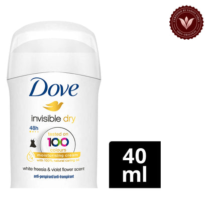 Dove Invisible Dry Antiperspirant Deodorant Stick 40ml - 48-Hour Sweat & Odour Protection, No White Marks — front view, white background