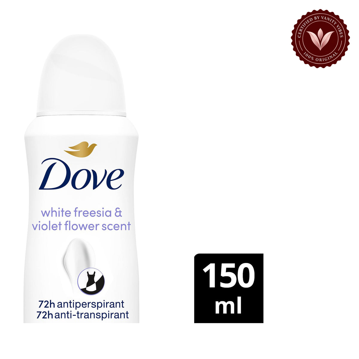 Dove Invisible Dry Violet & White Freesia Scent Anti-Perspirant Deodorant Spray, for Women- Vegan- 150ml — front view, white background