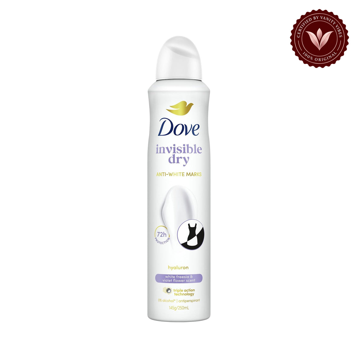Dove Invisible Dry Violet & White Freesia Scent Anti-Perspirant Deodorant Spray, for Women- Vegan- 150ml — alternate view, white background