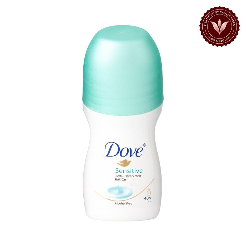 Dove Sensitive Anti-Perspirant Deodorant Roll On 50ml - Alcohol & Perfume Free Underarm Protection for Women — front view, white background