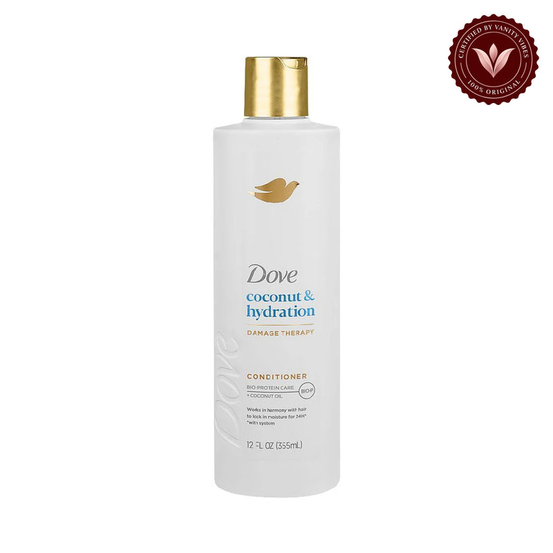 Dove Damage Therapy Coconut & Hydration Conditioner 355ml - Moisturizing Conditioner for Dry, Rough & Dehydrated Hair (USA) — front view, white background