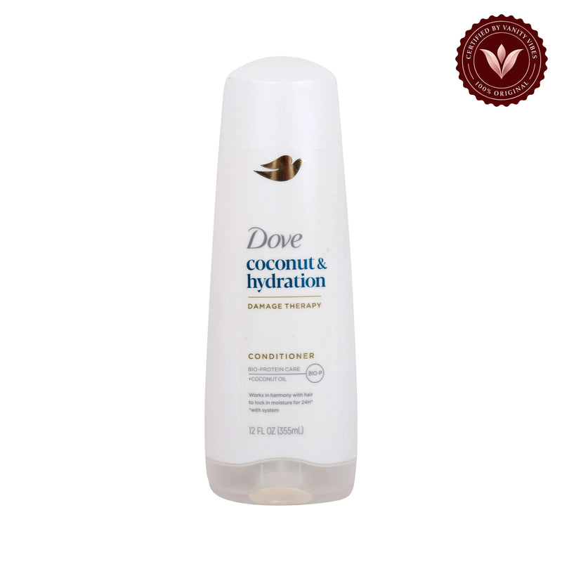 Dove Damage Therapy Coconut & Hydration Conditioner 355ml - Moisturizing Conditioner for Dry, Rough & Dehydrated Hair (USA) — alternate view, white background