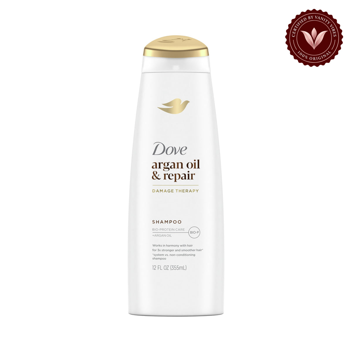 Dove Damage Therapy Argan Oil & Repair Shampoo 355ml - Nourishing Shampoo for Dry, Damaged & Frizzy Hair (USA) — alternate view, white background