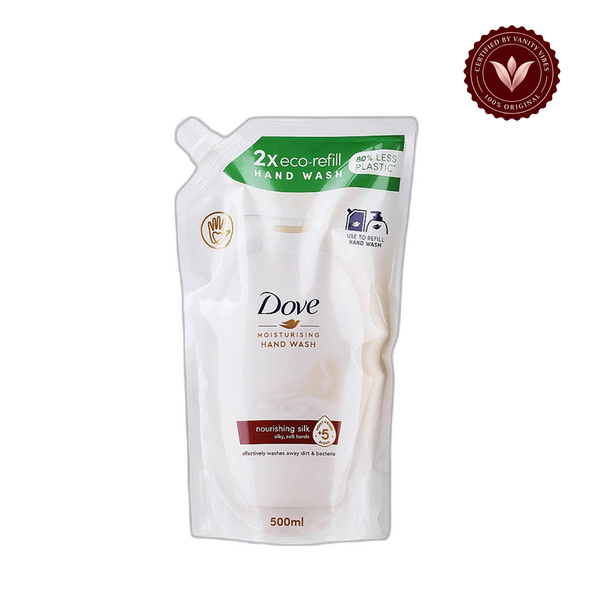 Dove 2X Eco Refill Moisturising Hand Wash Nourishing Silk 500ml - Gentle Cleansing Hand Soap for Soft, Smooth & Hydrated Hands — front view, transparent background