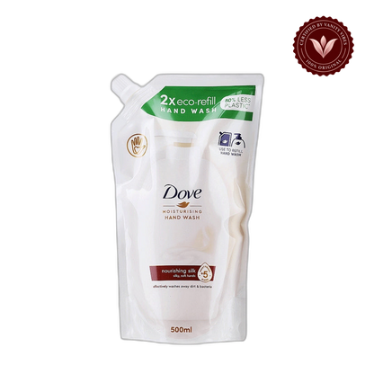 Dove 2X Eco Refill Moisturising Hand Wash Nourishing Silk 500ml - Gentle Cleansing Hand Soap for Soft, Smooth & Hydrated Hands — front view, transparent background