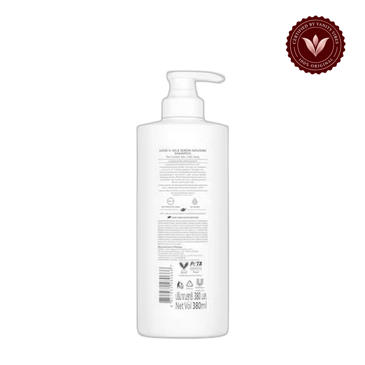 Dove 5-Oil Serum Nourish Damage Therapy Shampoo with Argan, Marula, Almond, Primrose, and Sunflower Seed Oils, Frizz-Free, 380ml — alternate view, transparent background