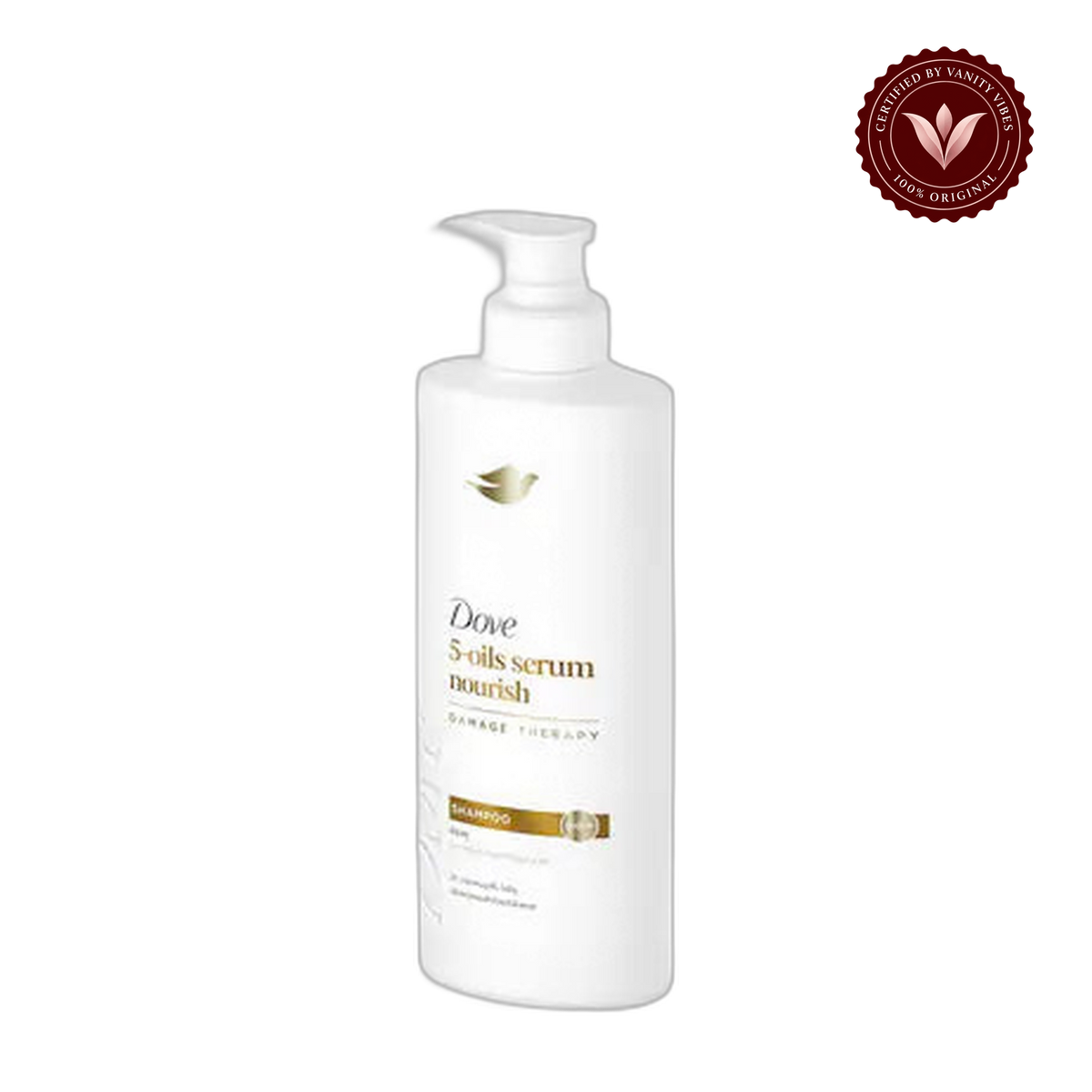 Dove 5-Oil Serum Nourish Damage Therapy Shampoo with Argan, Marula, Almond, Primrose, and Sunflower Seed Oils, Frizz-Free, 380ml — front view, transparent background