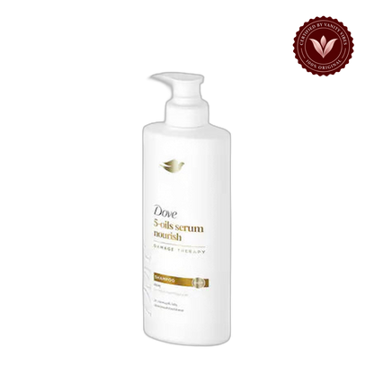 Dove 5-Oil Serum Nourish Damage Therapy Shampoo with Argan, Marula, Almond, Primrose, and Sunflower Seed Oils, Frizz-Free, 380ml — front view, transparent background