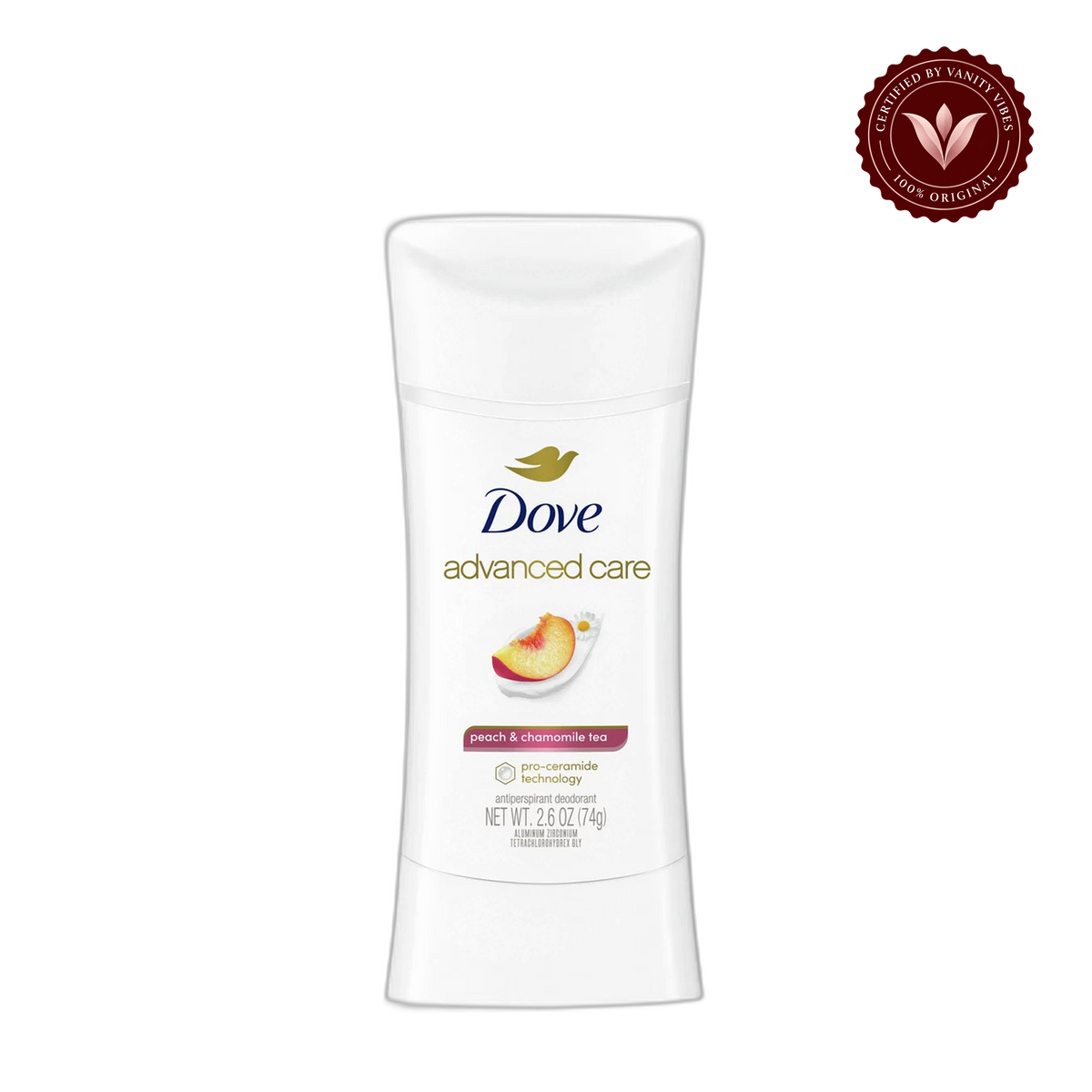 Dove Advanced Care Peach & Chamomile Tea Antiperspirant Stick Deodorant 2.6Oz-(74g) — alternate view, transparent background