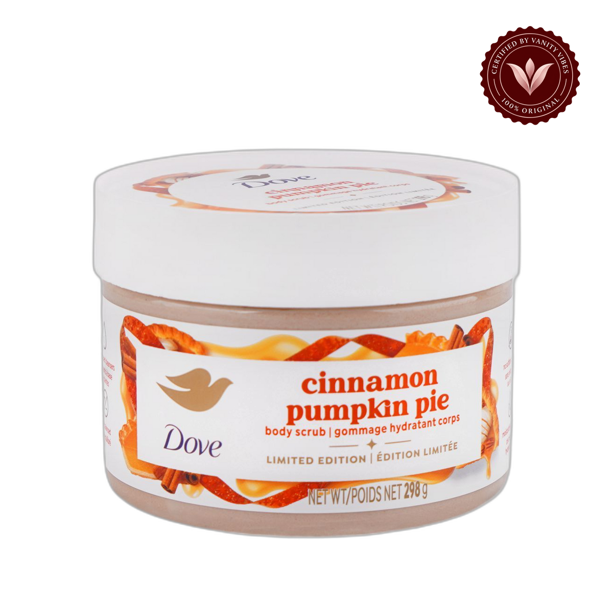 Dove Cinnamon Pumpkin Pie Body Scrub Limited Edition 298g - Deep Exfoliating Body Scrub for Smooth Soft Skin, Dead Skin Removal, Nourishing Moisture Care & Warm Seasonal Fragrance — front view, transparent background