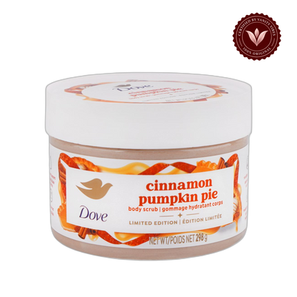 Dove Cinnamon Pumpkin Pie Body Scrub Limited Edition 298g - Deep Exfoliating Body Scrub for Smooth Soft Skin, Dead Skin Removal, Nourishing Moisture Care & Warm Seasonal Fragrance — front view, transparent background