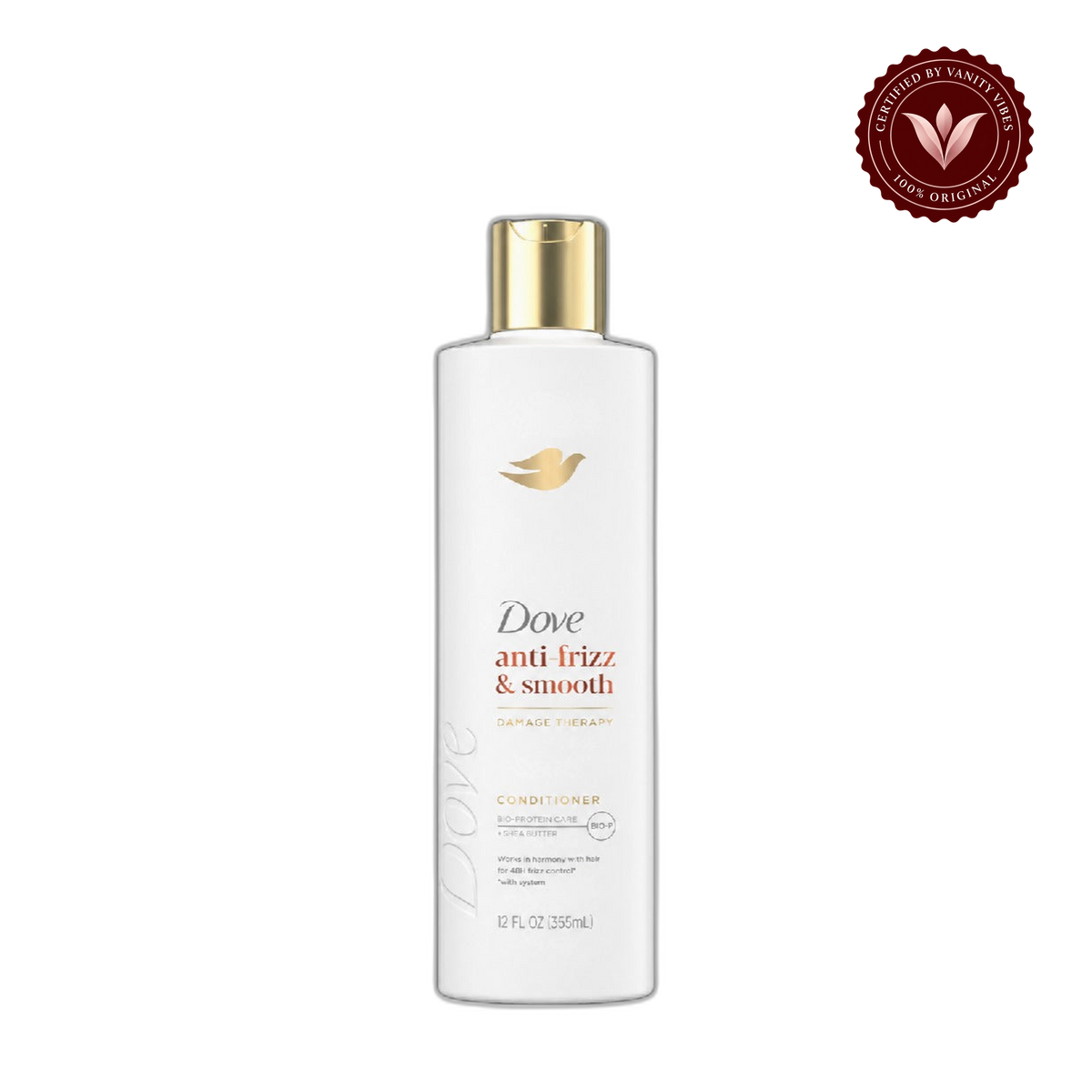 Dove Damage Therapy Anti-Frizz & Smooth Conditioner 355ml - Smoothing Conditioner for Frizzy, Rough & Unmanageable Hair (USA) — front view, transparent background