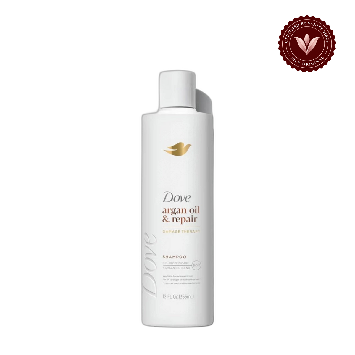 Dove Damage Therapy Argan Oil & Repair Shampoo 355ml - Nourishing Shampoo for Dry, Damaged & Frizzy Hair (USA) — alternate view, transparent background