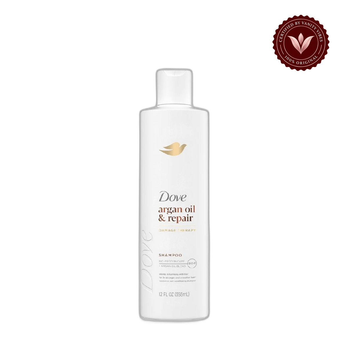 Dove Damage Therapy Argan Oil & Repair Shampoo 355ml - Nourishing Shampoo for Dry, Damaged & Frizzy Hair (USA) — front view, transparent background