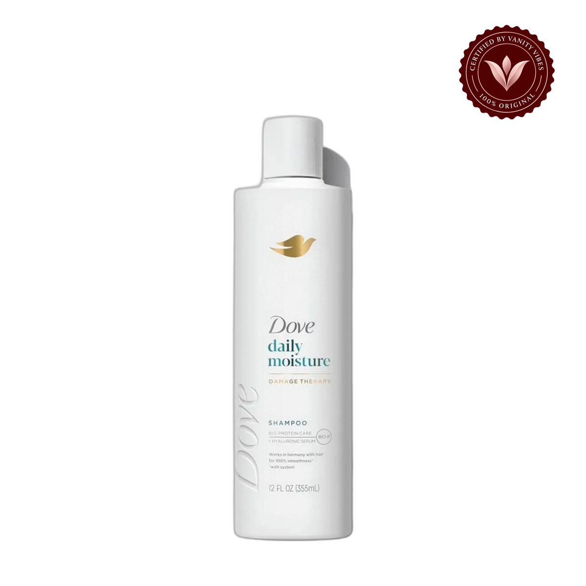 Dove Damage Therapy Daily Moisture Shampoo for Dry Hair with Bio-Protein Care Technology & Hyaluronic Serum 355ml (12 Fl Oz) (USA) — alternate view, transparent background