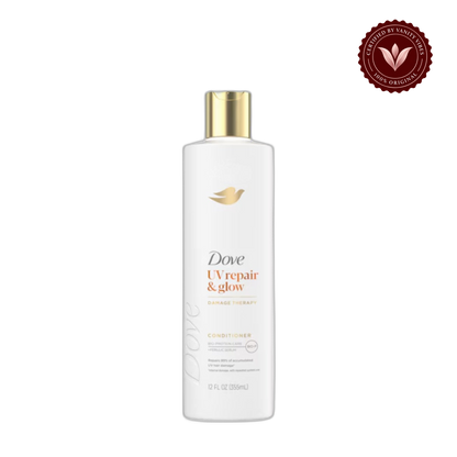 Dove Damage Therapy UV Repair & Glow Bio-Protein Care + Ferulic Serum Conditioner 355ml (USA) — front view, transparent background