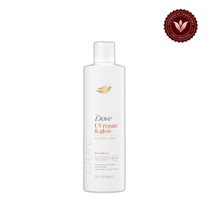 Dove Damage Therapy UV Repair & Glow Shampoo with Bio-Protein Care & Ferulic Acid Serum 355ml (USA) — front view, transparent background