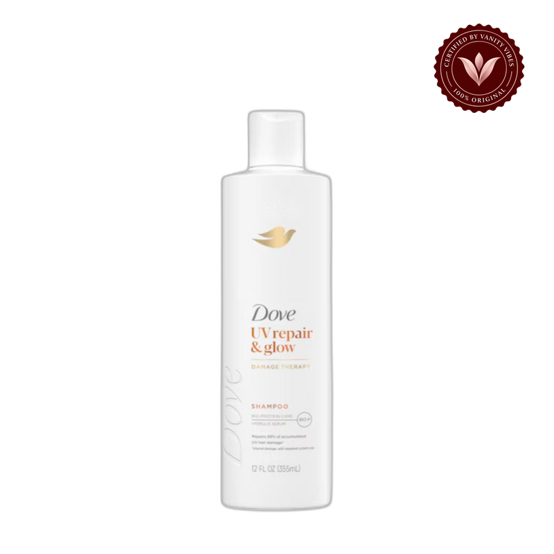 Dove Damage Therapy UV Repair & Glow Shampoo with Bio-Protein Care & Ferulic Acid Serum 355ml (USA) — front view, transparent background