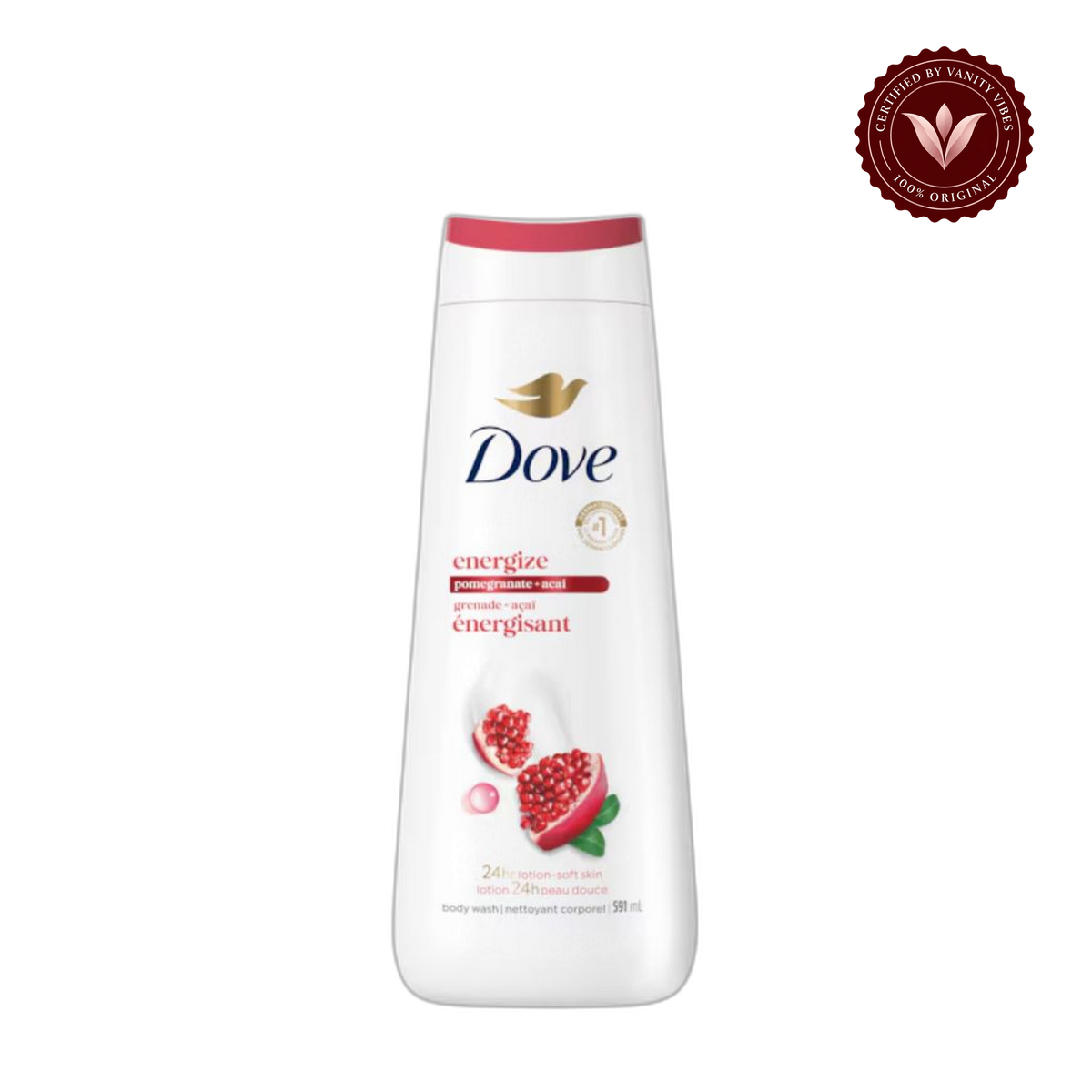 Dove Enrgize Pomegranate + Acai Body Wash 20 fl oz-591ml — front view, transparent background
