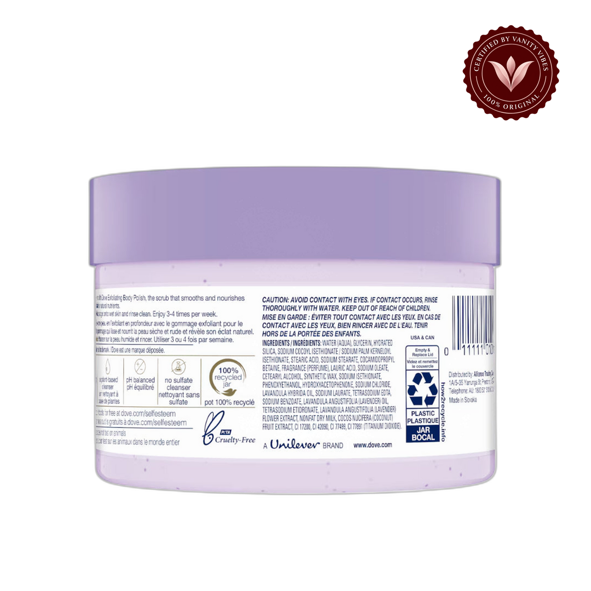 Dove Exfoliating Body Polish Crushed Lavender & Coconut Milk 298g - Gommage Exfoliant Pour Le Corps for Smooth Soft Skin — alternate view, transparent background