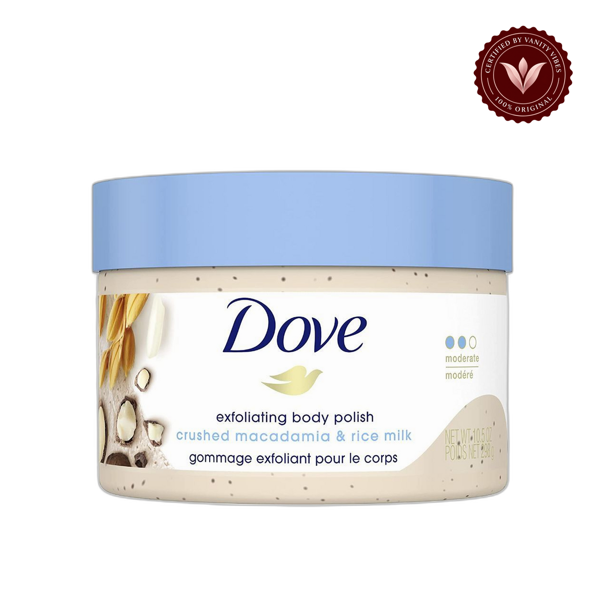 Dove Exfoliating Body Polish Crushed Macadamia & Rice Milk 298g - Gommage Exfoliant Pour Le Corps for Smooth Soft Skin — front view, transparent background