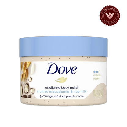 Dove Exfoliating Body Polish Crushed Macadamia & Rice Milk 298g - Gommage Exfoliant Pour Le Corps for Smooth Soft Skin — front view, transparent background