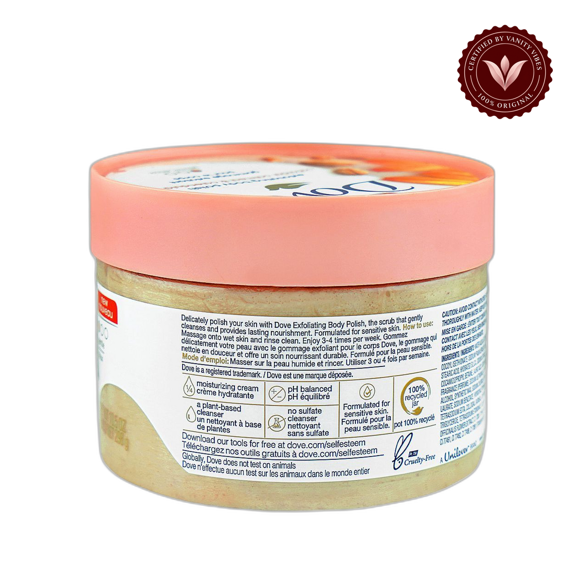Dove Exfoliating Body Polish Scrub Colloidal Oatmeal & Calendula Oil 298g - Gentle Exfoliating Body Scrub for Sensitive Skin, Dead Skin Removal, Soothing Moisture Care & Soft Smooth Healthy Glow — alternate view, transparent background