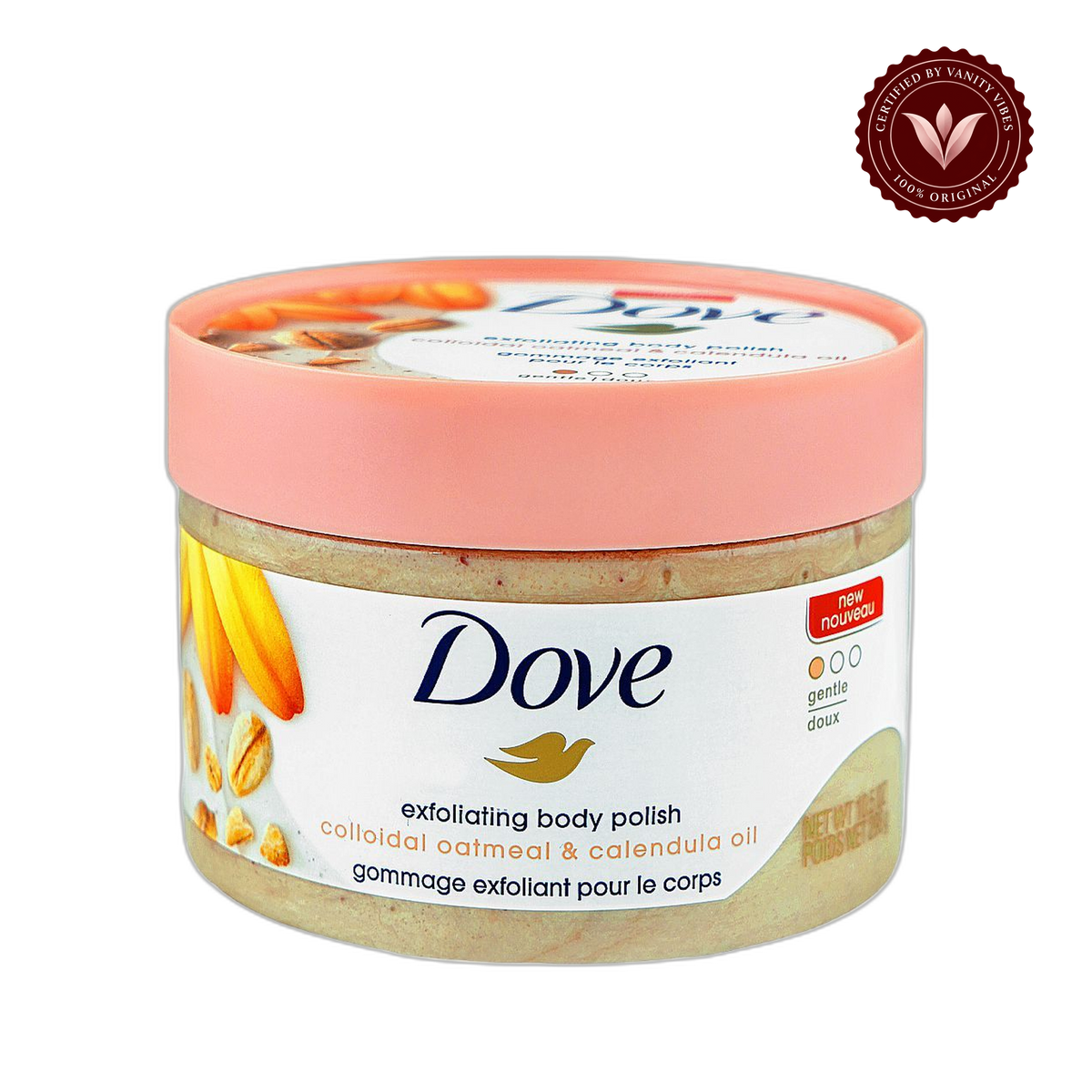 Dove Exfoliating Body Polish Scrub Colloidal Oatmeal & Calendula Oil 298g - Gentle Exfoliating Body Scrub for Sensitive Skin, Dead Skin Removal, Soothing Moisture Care & Soft Smooth Healthy Glow — front view, transparent background