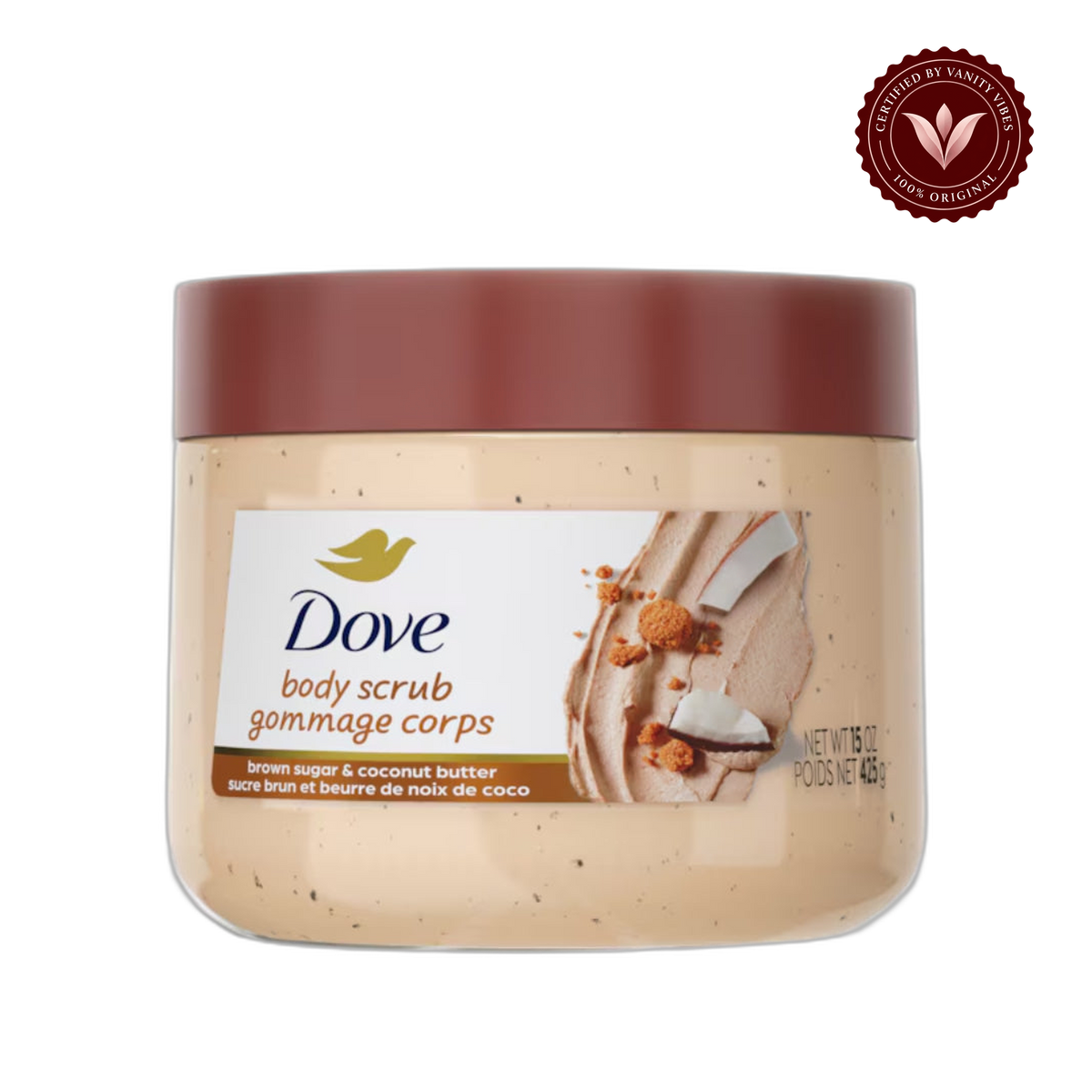 Dove Exfoliating Body Scrub Brown Sugar & Coconut Butter 425g - Gommage Corps Body Polish for Smooth & Soft Skin — alternate view, transparent background