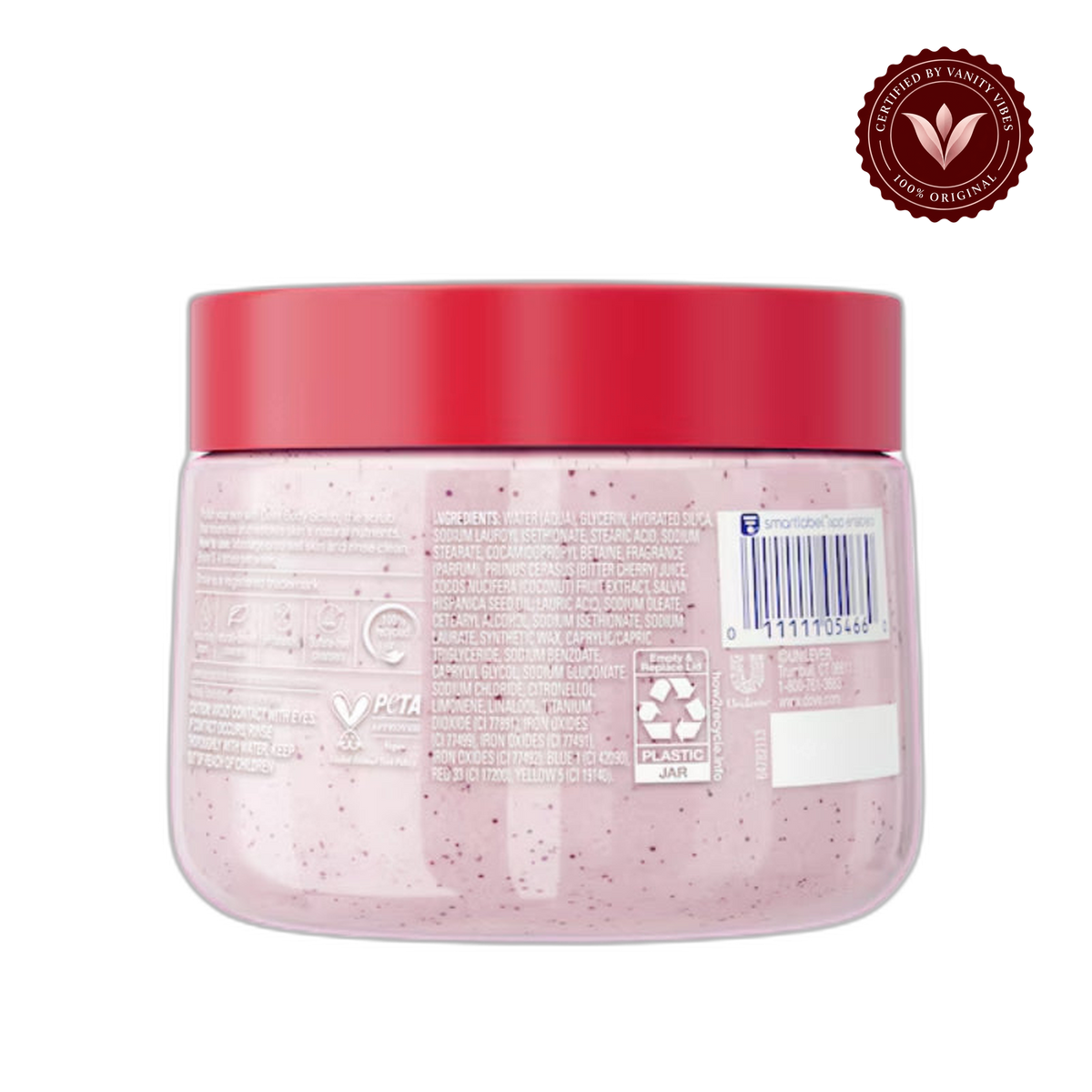 Dove Exfoliating Body Scrub Crushed Cherries & Chia Milk 15oz - Body Polish for Smooth, Soft & Glowing Skin — front view, transparent background