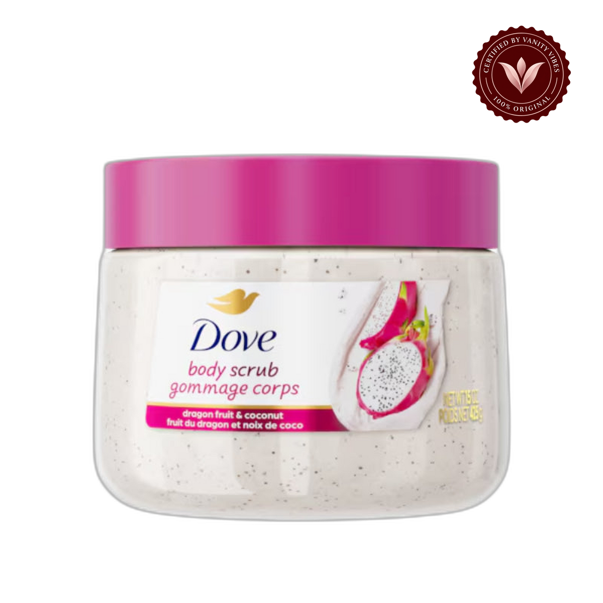 Dove Exfoliating Body Scrub Dragon Fruit & Coconut 425g - Gommage Corps Body Polish for Smooth & Soft Skin — alternate view, transparent background