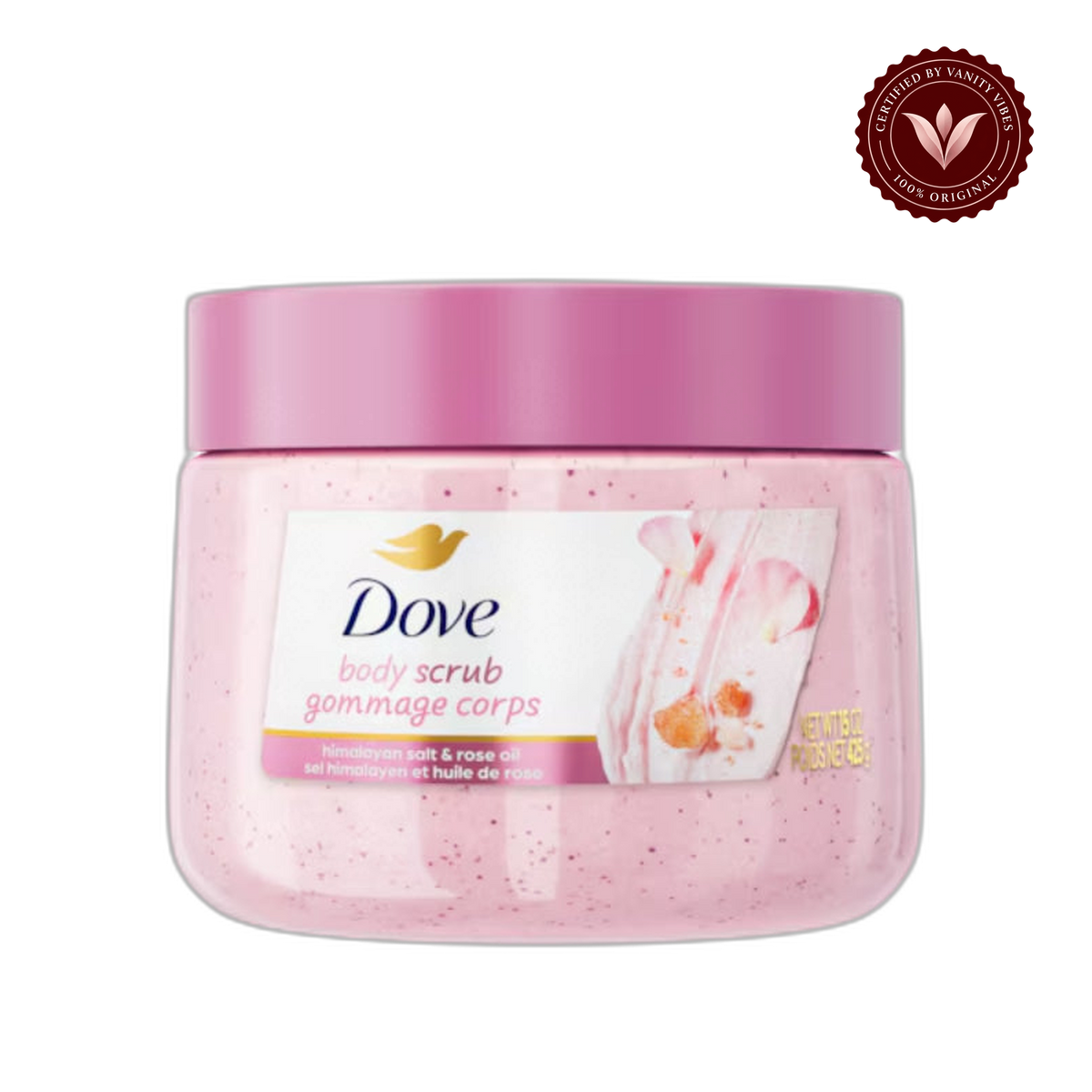 Dove Exfoliating Body Scrub Himalayan Salt & Rose Oil 425g - Gommage Corps Body Polish for Smooth & Soft Skin — alternate view, transparent background