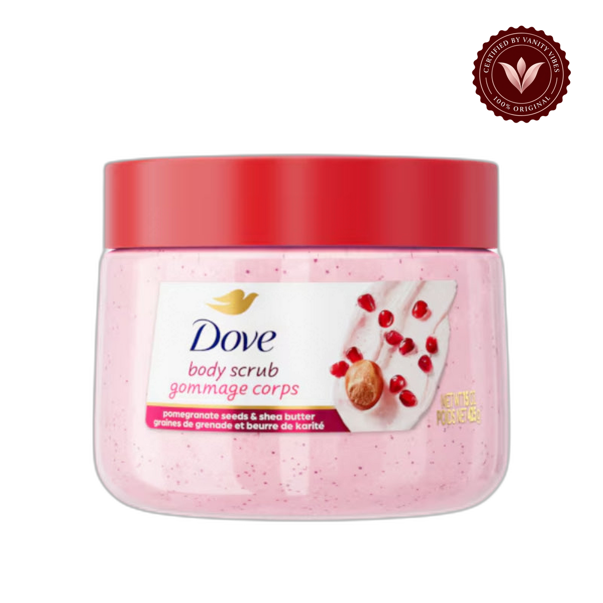 Dove Exfoliating Body Scrub Pomegranate Seeds & Shea Butter 425g - Gommage Corps Body Polish for Smooth & Soft Skin — alternate view, transparent background