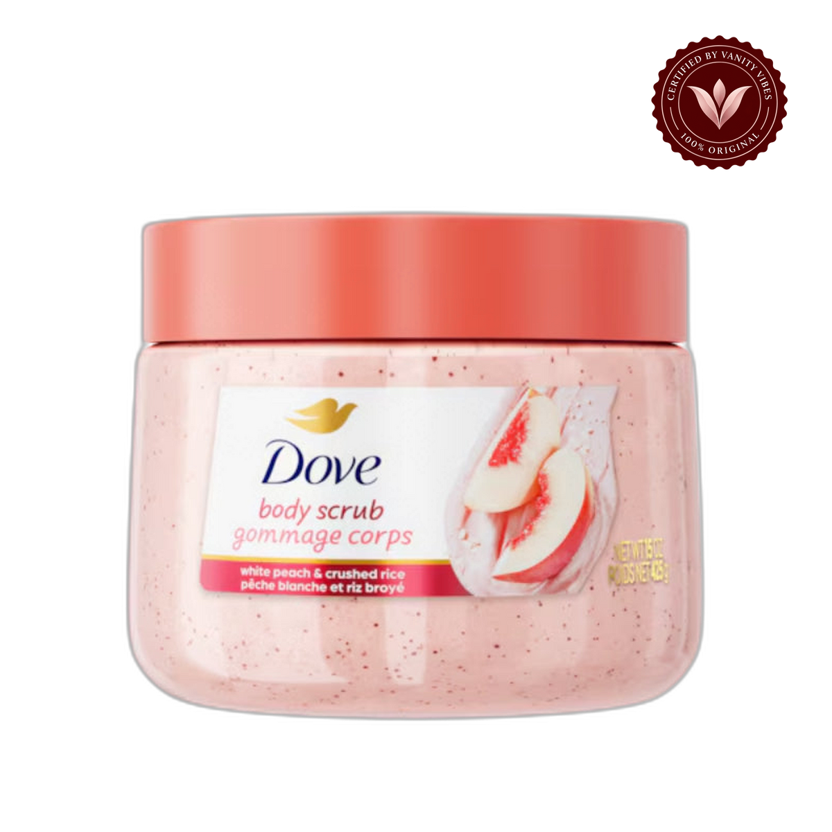 Dove Exfoliating Body Scrub White Peach & Crushed Rice 425g - Gommage Corps Body Polish for Smooth & Soft Skin — alternate view, transparent background